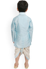 Load image into Gallery viewer, Sky Blue Color Dhupion Silk Fabric Wedding Wear Designer Dhoti Style Readymade Kurta Pyjama For Kids Wear
