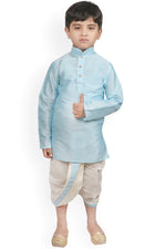 Load image into Gallery viewer, Sky Blue Color Dhupion Silk Fabric Wedding Wear Designer Dhoti Style Readymade Kurta Pyjama For Kids Wear