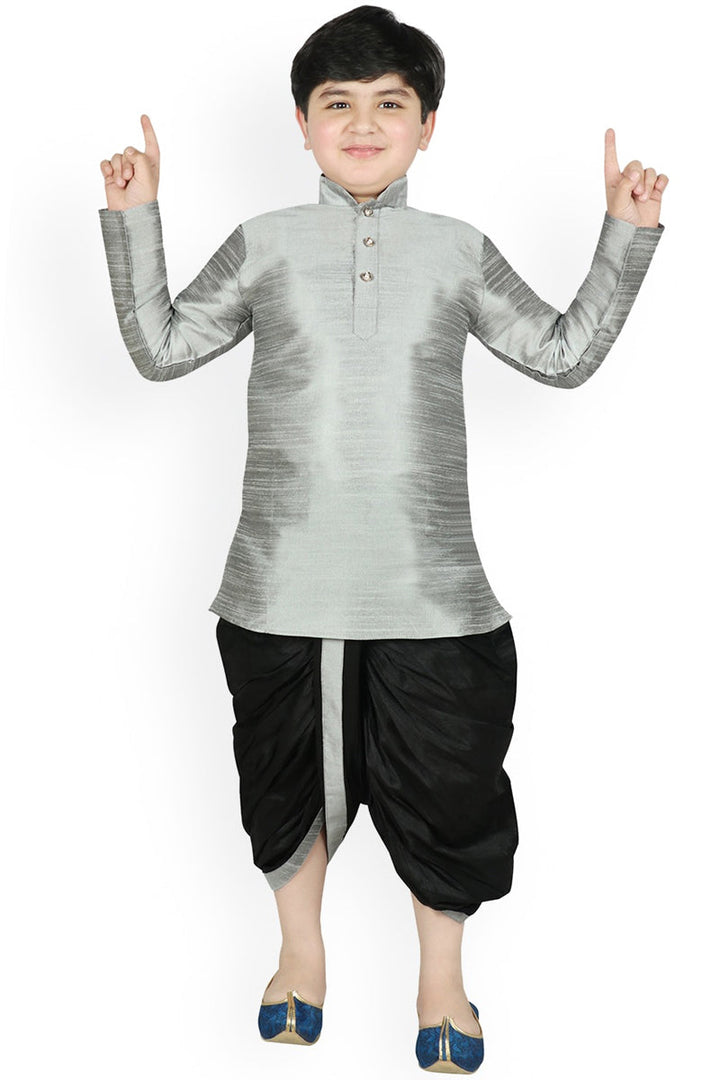 Dhupion Silk Grey Festive Wear Dhoti Style Readymade Kurta Pyjama For Kids Wear