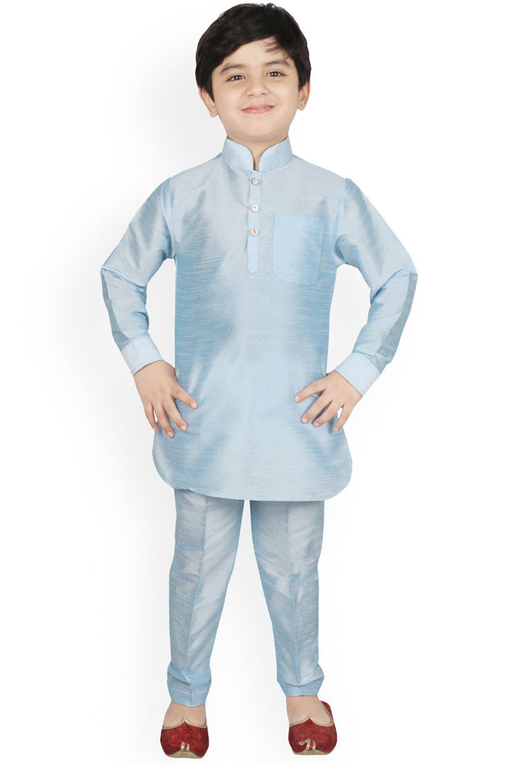 Sky Blue Dhupion Silk Wedding Wear Readymade Kurta Pyjama For Kids Wear