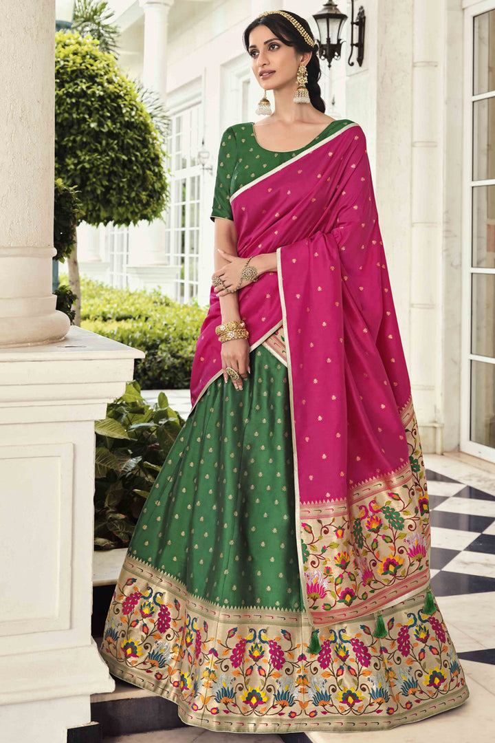 Banarasi Style Function Wear Art Silk Fabric Dark Green Color Lehenga With Contrast Duppata