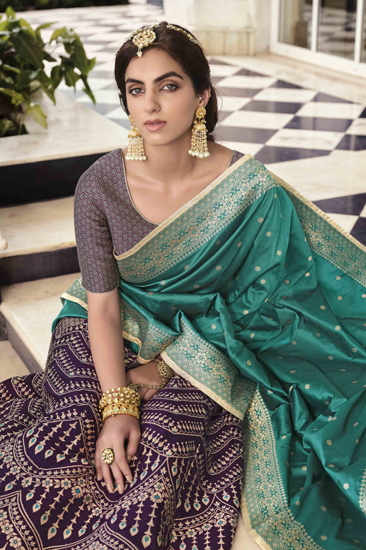 Function Wear Art Silk Fabric Banarasi Style Wine Color Lehenga With Contrast Duppata