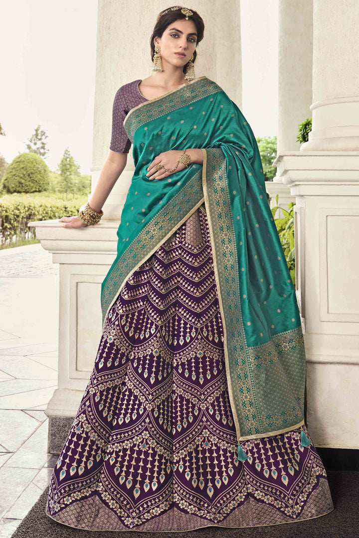 Function Wear Art Silk Fabric Banarasi Style Wine Color Lehenga With Contrast Duppata