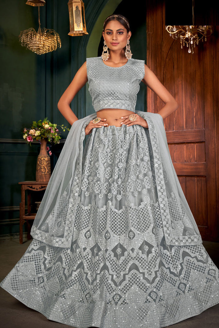 Grey Color Function Wear Lehenga Choli With Embroidered Work