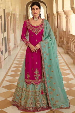 Georgette Fabric Function Wear Trendy Textured Embroidered Work Sharara Top Lehenga In Light Cyan Color