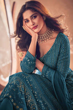 Load image into Gallery viewer, Teal Color Georgette Fabric Sangeet Wear Heavy Embroidered Work Astounding Anarkali Suit
