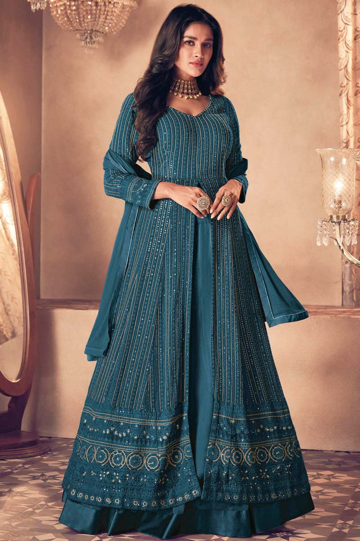 Teal Color Georgette Fabric Sangeet Wear Heavy Embroidered Work Astounding Anarkali Suit