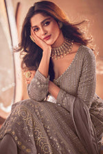 Load image into Gallery viewer, Georgette Fabric Sangeet Wear Grey Color Remarkable Anarkali Suit With Embroidered Work
