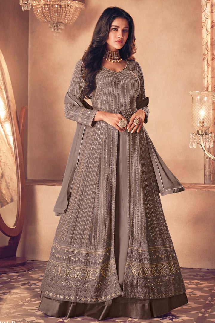 Georgette Fabric Sangeet Wear Grey Color Remarkable Anarkali Suit With Embroidered Work
