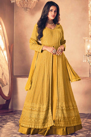 Embroidered Work On Georgette Fabric Sangeet Wear Appealing Anarkali Suit In Mustard Color