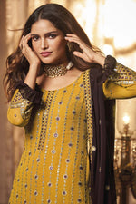 Load image into Gallery viewer, Appealing Mustard Color Georgette Fabric Sangeet Wear Palazzo Suit Featuring Vartika Singh With Embroidered Work
