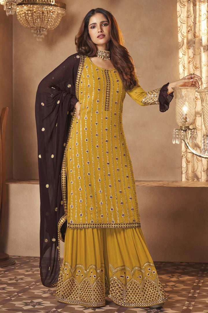 Appealing Mustard Color Georgette Fabric Sangeet Wear Palazzo Suit Featuring Vartika Singh With Embroidered Work