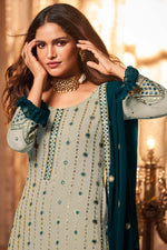 Load image into Gallery viewer, Georgette Fabric Sangeet Wear Light Cyan Color Palazzo Suit Featuring Vartika Singh With Fascinating Embroidered Work
