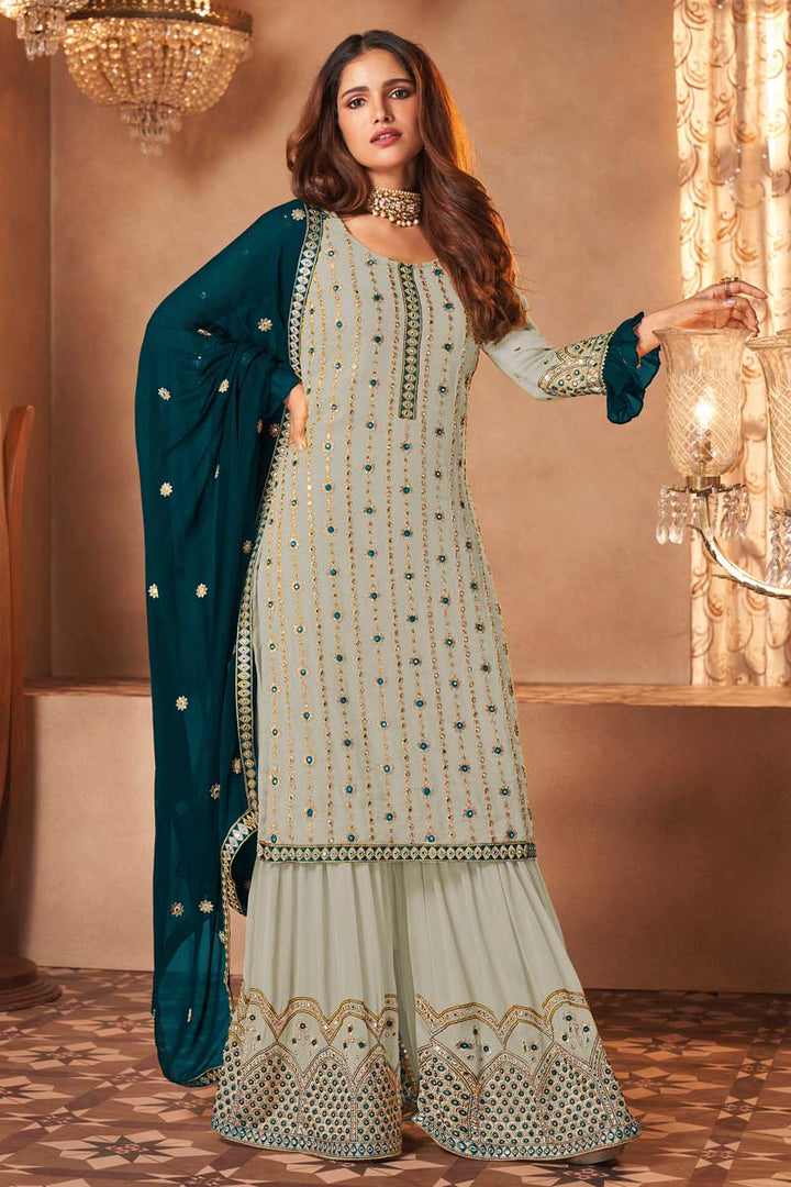 Georgette Fabric Sangeet Wear Light Cyan Color Palazzo Suit Featuring Vartika Singh With Fascinating Embroidered Work