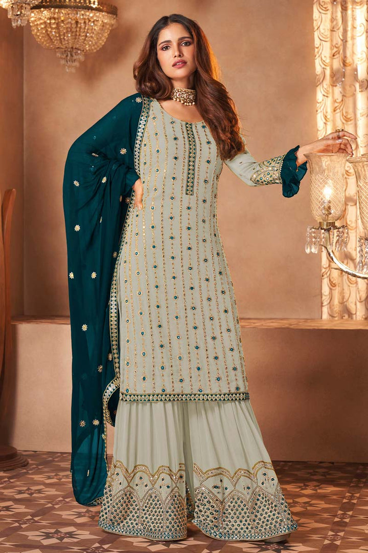 Georgette Fabric Sangeet Wear Light Cyan Color Palazzo Suit Featuring Vartika Singh With Fascinating Embroidered Work