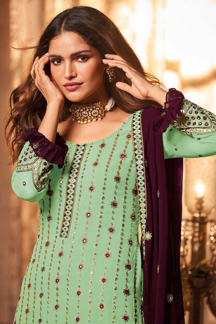 Bewitching Embroidered Work On Georgette Fabric Sangeet Wear Palazzo Suit Featuring Vartika Singh In Sea Green Color