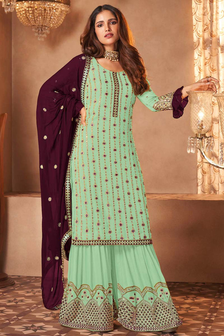 Bewitching Embroidered Work On Georgette Fabric Sangeet Wear Palazzo Suit Featuring Vartika Singh In Sea Green Color