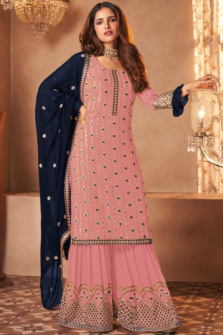 Pink Color Georgette Fabric Sangeet Style Palazzo Suit Featuring Vartika Singh With Embroidered Work