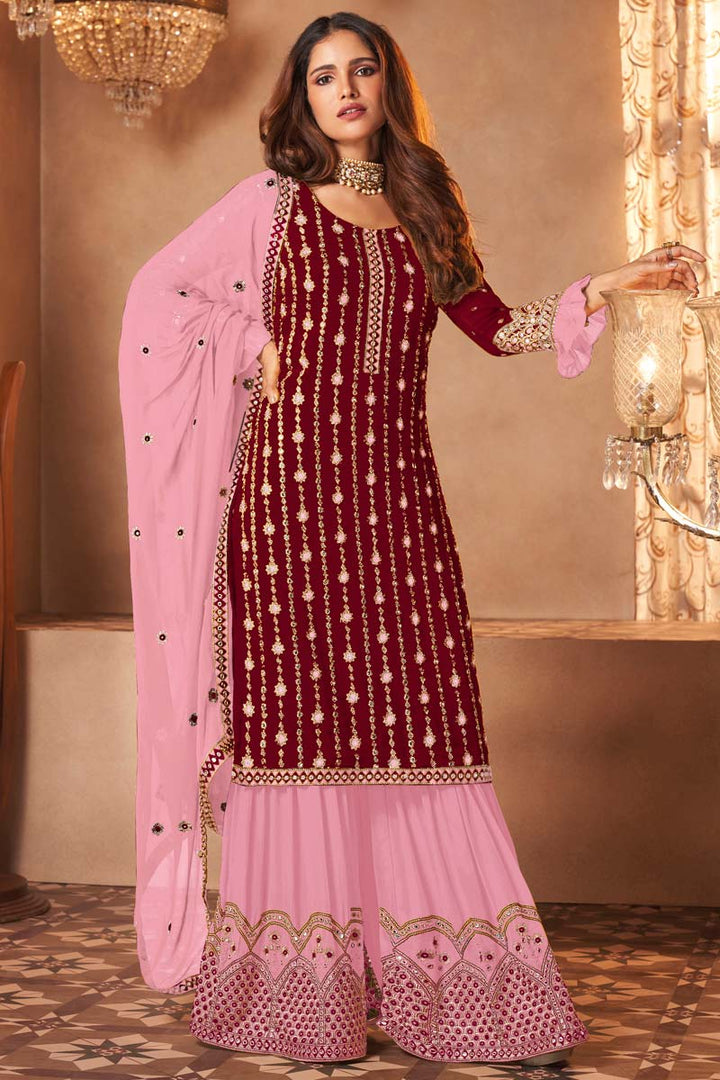 Georgette Fabric Maroon Color Sangeet Wear Palazzo Suit Featuring Vartika Singh With Ingenious Embroidered Work