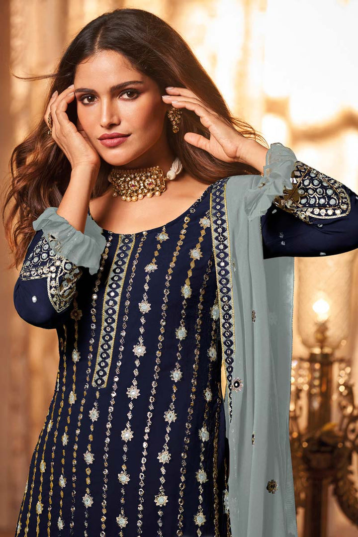 Excellent Georgette Fabric Navy Blue Color Palazzo Suit Featuring Vartika Singh With Embroidered Work