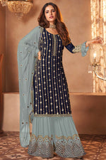 Load image into Gallery viewer, Excellent Georgette Fabric Navy Blue Color Palazzo Suit Featuring Vartika Singh With Embroidered Work
