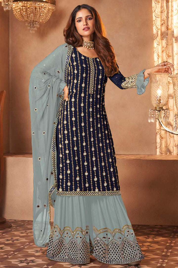 Excellent Georgette Fabric Navy Blue Color Palazzo Suit Featuring Vartika Singh With Embroidered Work