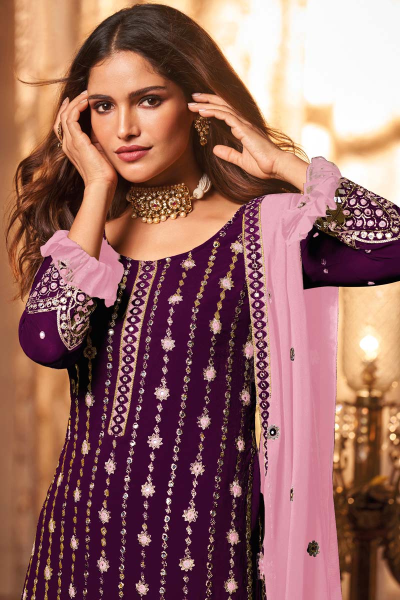 Beguiling Embroidered Work On Wine Color Georgette Fabric Sangeet Wear Palazzo Suit Featuring Vartika Singh