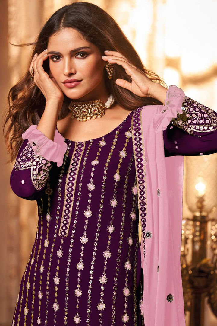 Beguiling Embroidered Work On Wine Color Georgette Fabric Sangeet Wear Palazzo Suit Featuring Vartika Singh