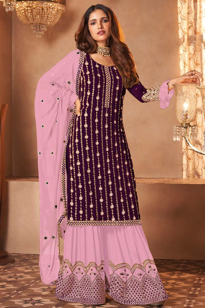 Beguiling Embroidered Work On Wine Color Georgette Fabric Sangeet Wear Palazzo Suit Featuring Vartika Singh
