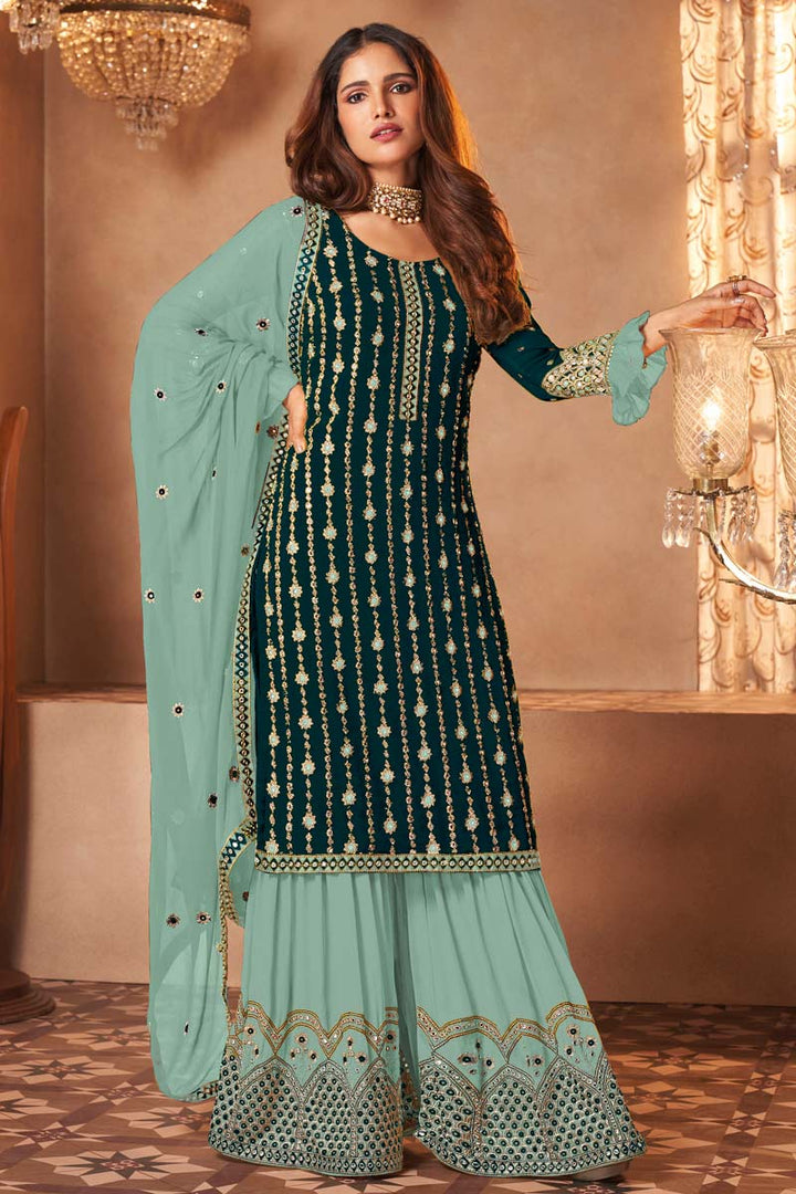 Tempting Georgette Fabric Dark Green Color Sangeet Wear Palazzo Suit Featuring Vartika Singh With Embroidered Work