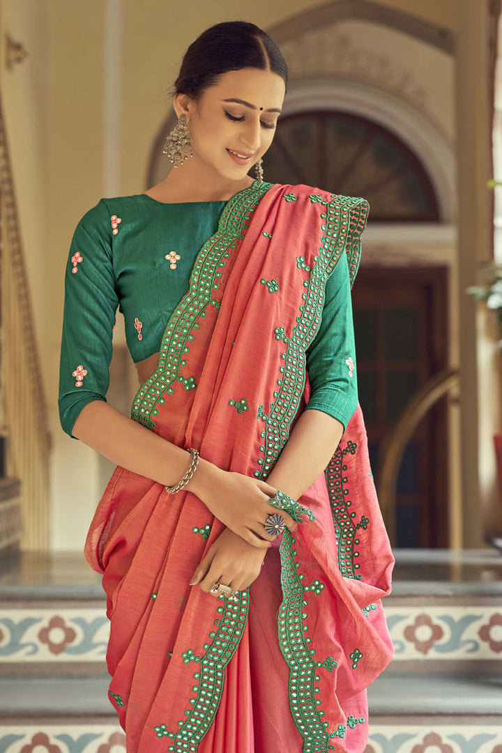 Peach Color Daily Wear Work Saree In Cotton Fabric
