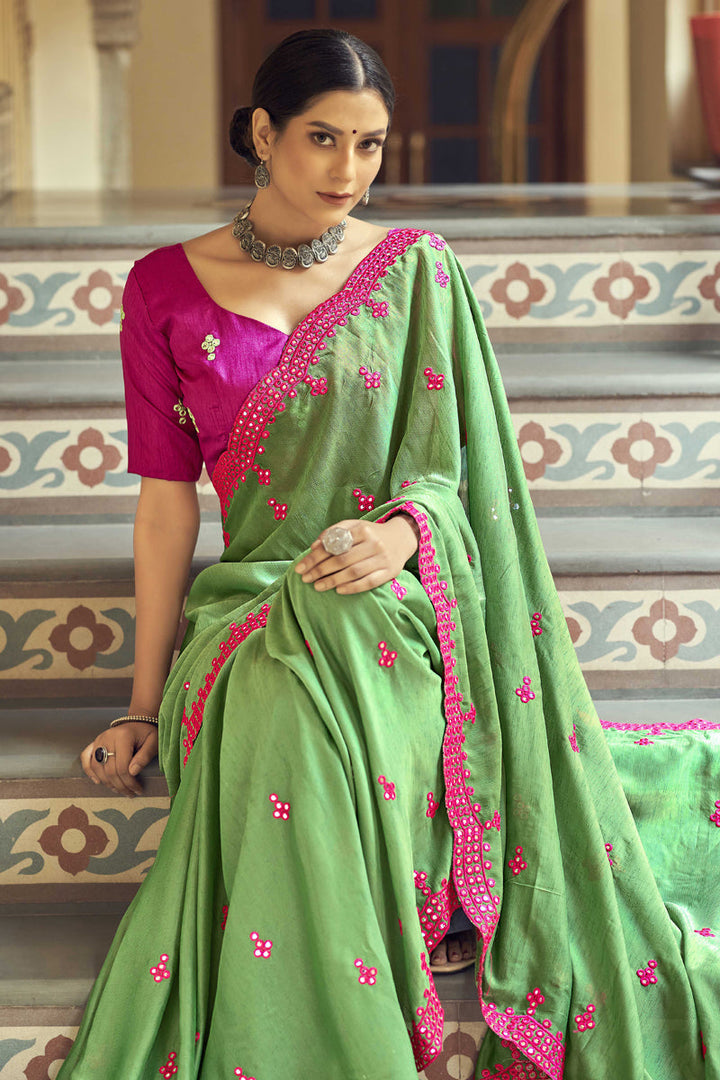 Daily Wear Cotton Fabric Border Work Saree In Green Color