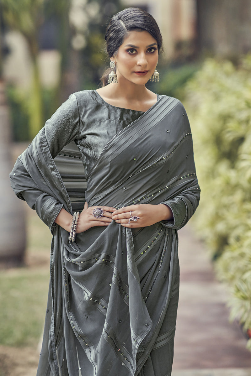 Grey Color Satin Fabric Daily Wear Saree With Sequins Work