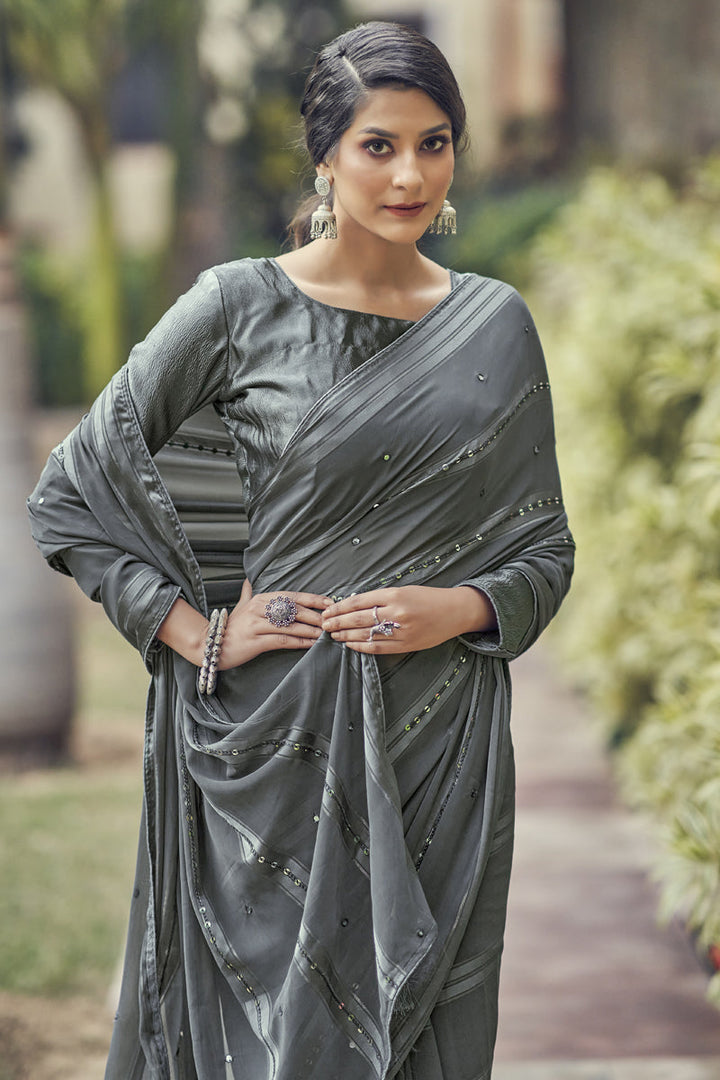 Grey Color Satin Fabric Daily Wear Saree With Sequins Work