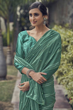 Load image into Gallery viewer, Sequins Work Teal Color Satin Fabric Bridesmaid Saree
