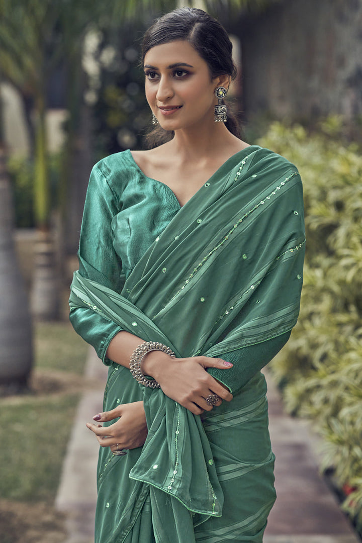 Sequins Work Teal Color Satin Fabric Bridesmaid Saree
