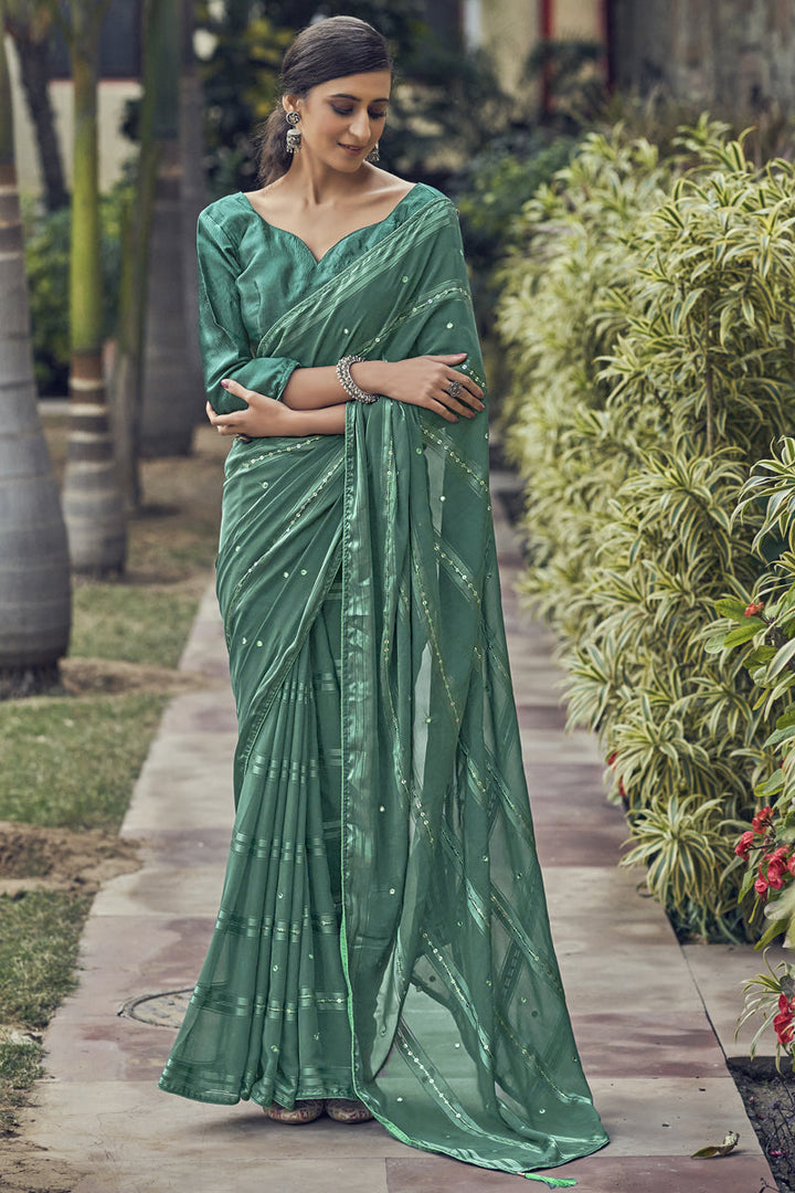 Sequins Work Teal Color Satin Fabric Bridesmaid Saree