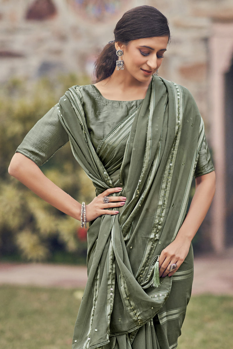 Dark Beige Color Sequins Work On Satin Fabric Casual Wear Saree