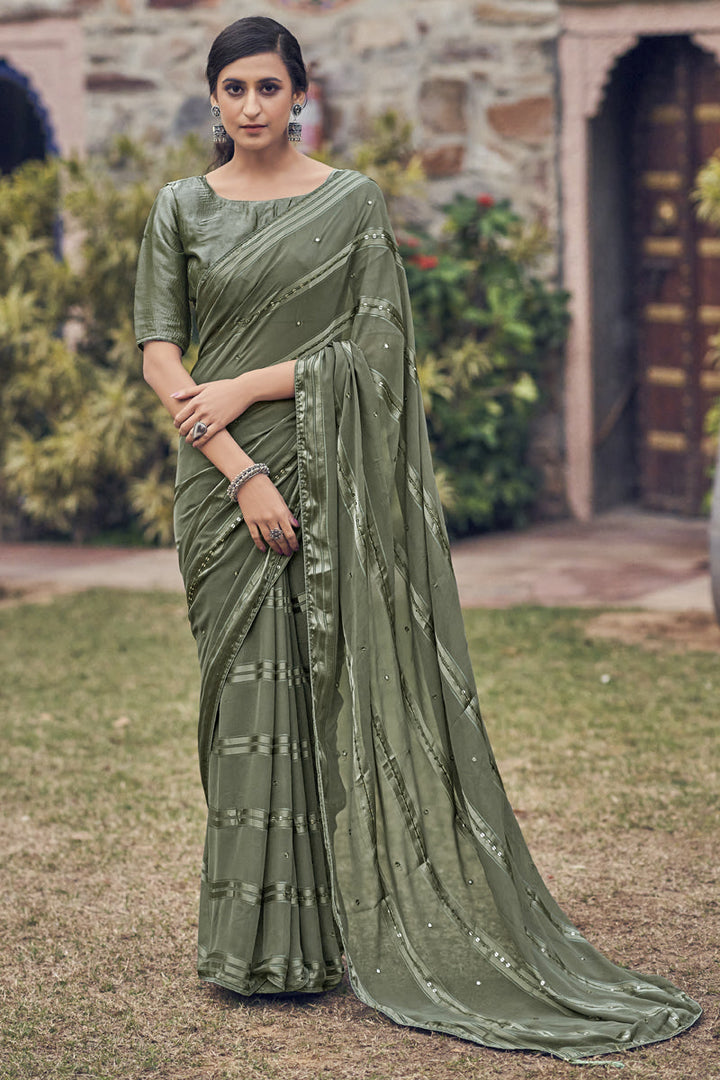 Dark Beige Color Sequins Work On Satin Fabric Casual Wear Saree