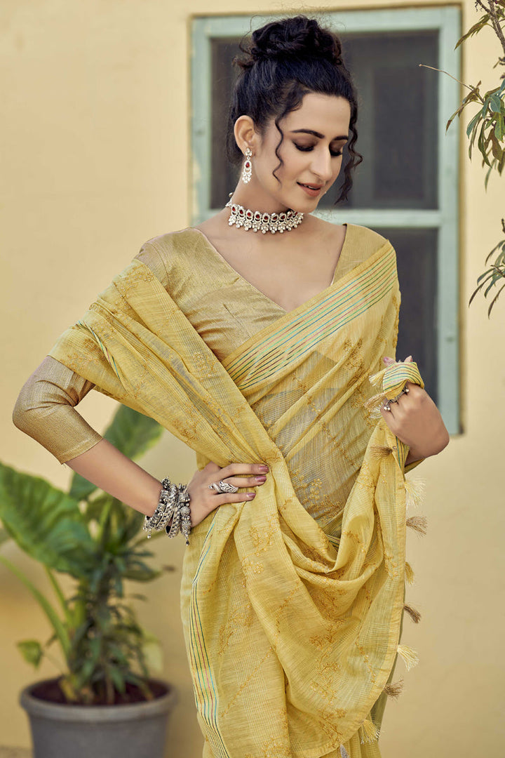 Yellow Color Cotton Fabric Beautiful Saree With Embroidered Work
