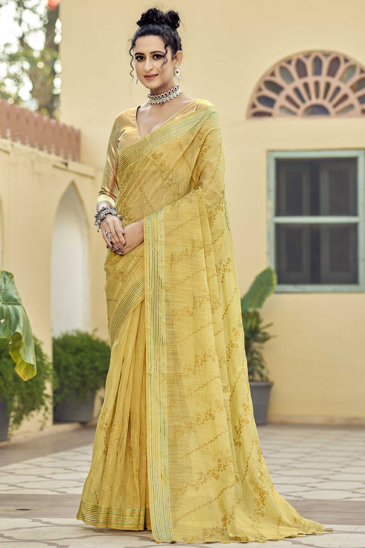 Yellow Color Cotton Fabric Beautiful Saree With Embroidered Work