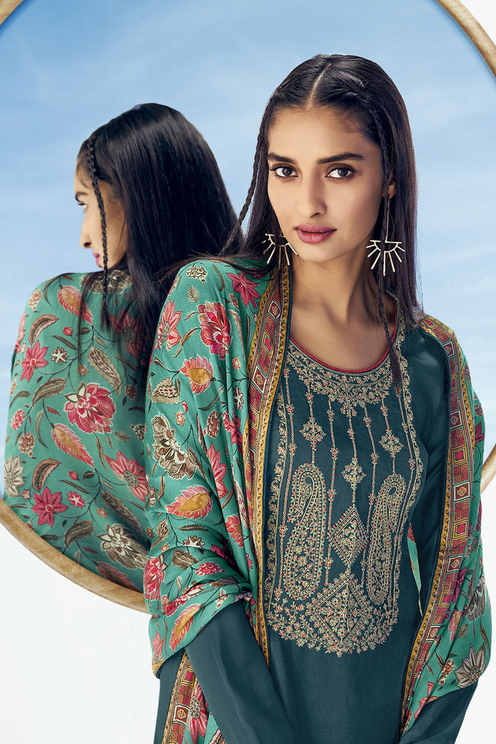 Appealing Teal Color Embroidered Art Silk Fabric Function Wear Palazzo Salwar Suit