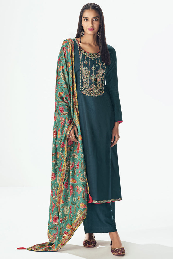 Appealing Teal Color Embroidered Art Silk Fabric Function Wear Palazzo Salwar Suit