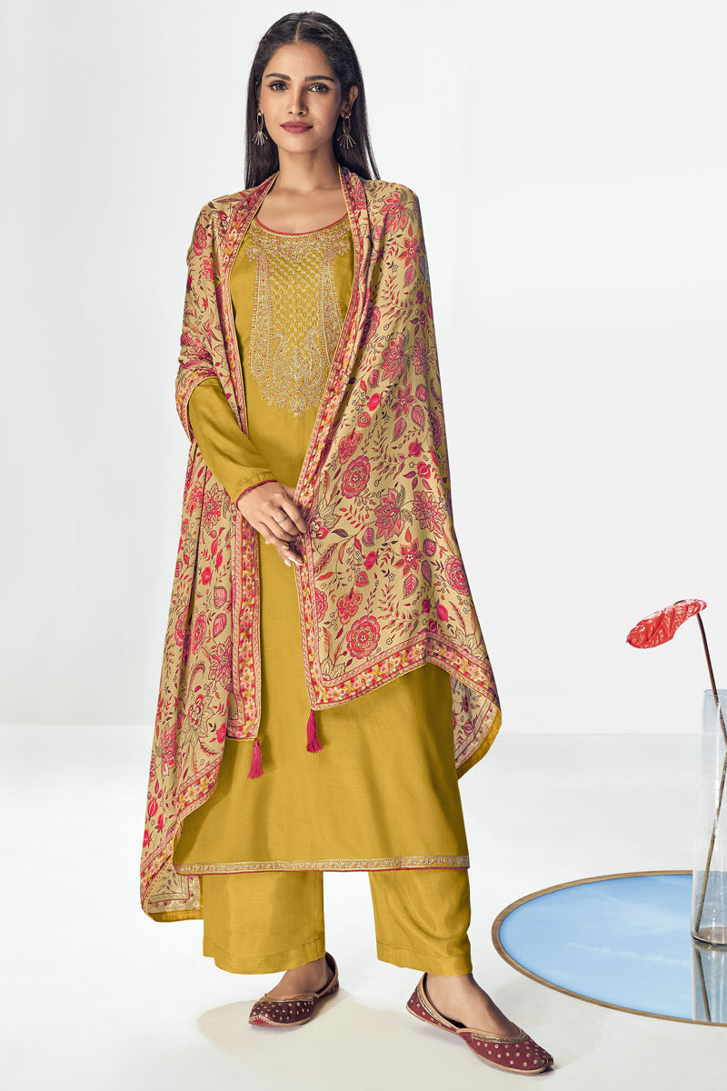 Captivating Vartika Singh Art Silk Fabric Yellow Color Embroidered Palazzo Salwar Suit