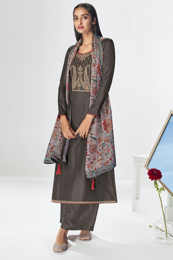 Striking Art Silk Fabric Dark Beige Color Embroidered Palazzo Salwar Suit