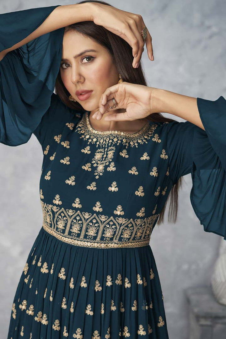 Embroidered Work On Georgette Fabric Function Wear Riveting Palazzo Suit In Blue Color
