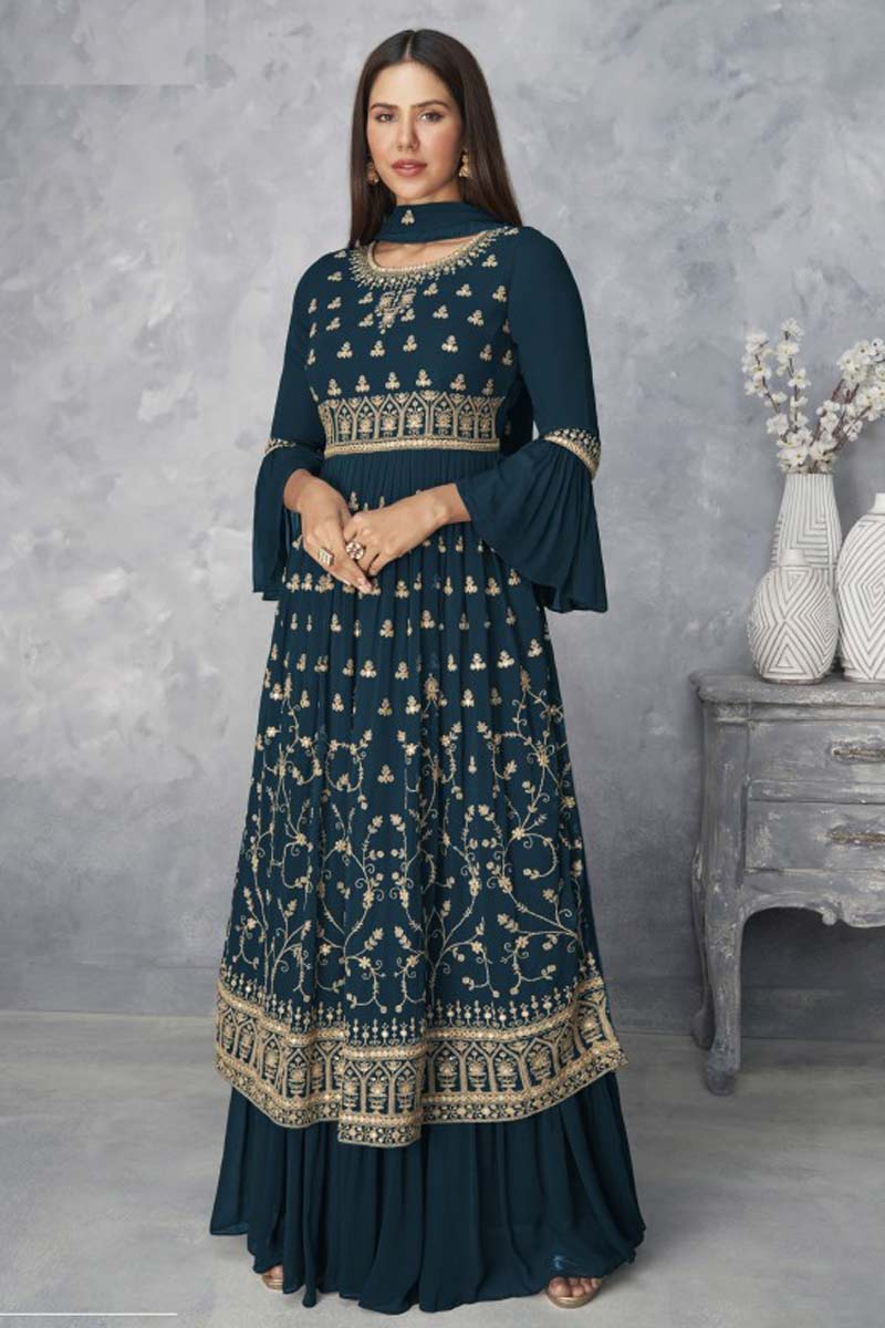 Embroidered Work On Georgette Fabric Function Wear Riveting Palazzo Suit In Blue Color