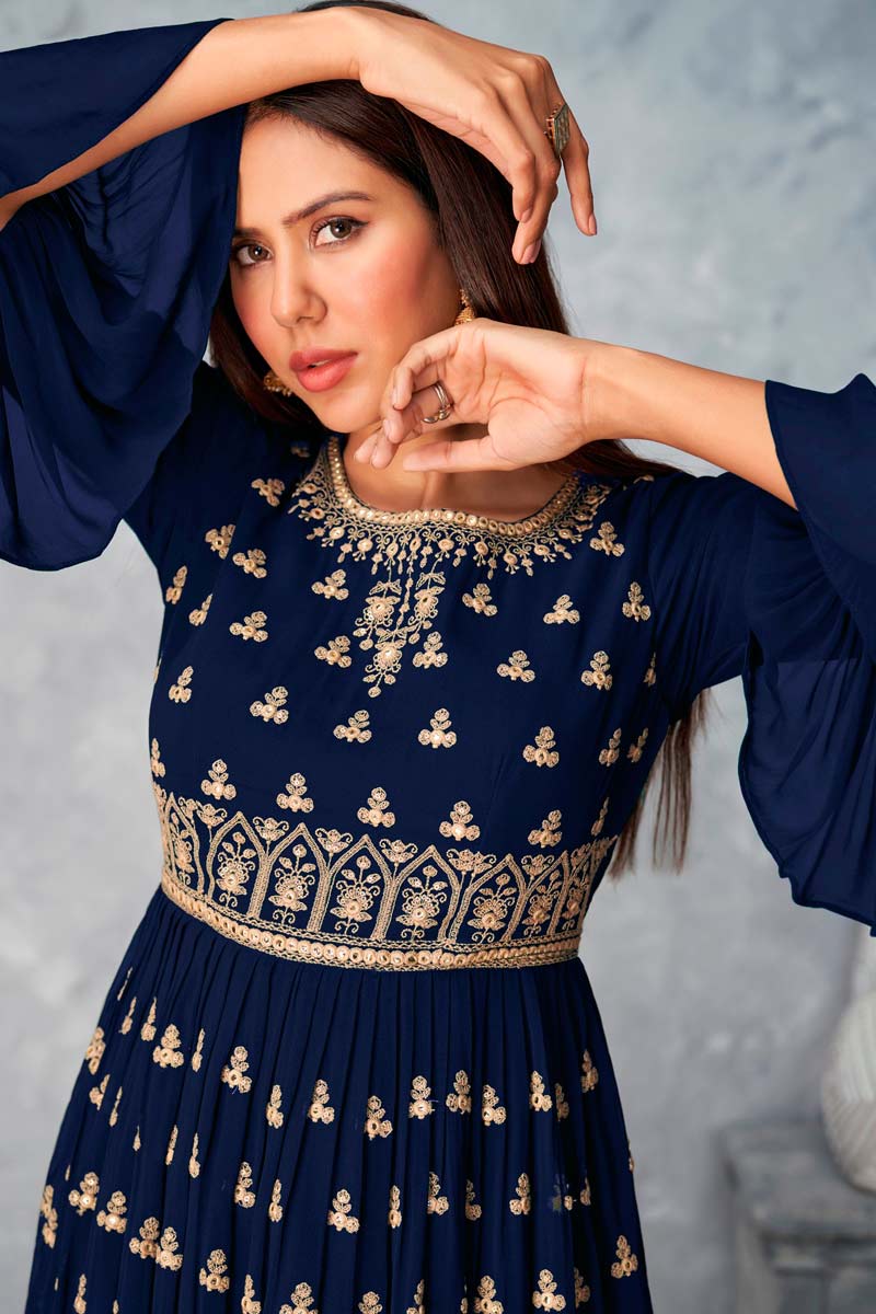 Navy Blue Color Georgette Fabric Function Wear Embroidered Work Coveted Palazzo Suit