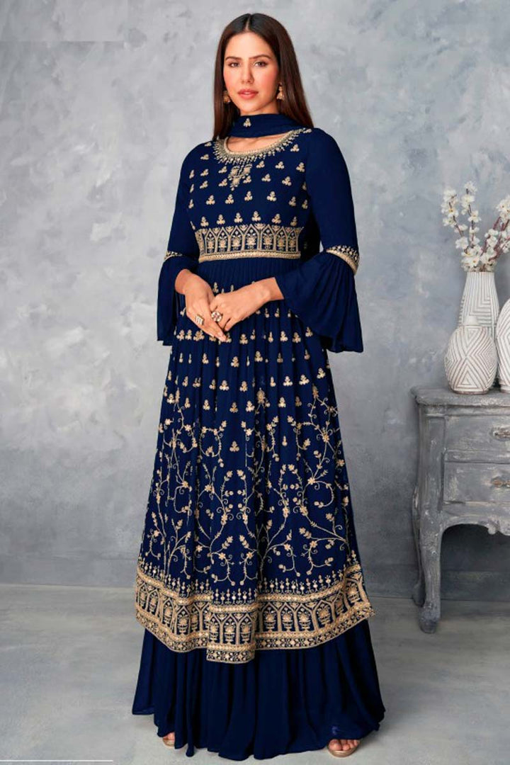 Navy Blue Color Georgette Fabric Function Wear Embroidered Work Coveted Palazzo Suit