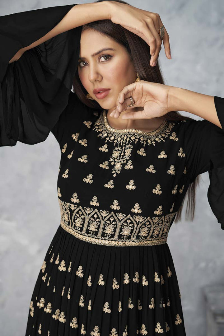 Georgette Fabric Black Color Function Wear Vivacious Palazzo Suit With Embroidered Work